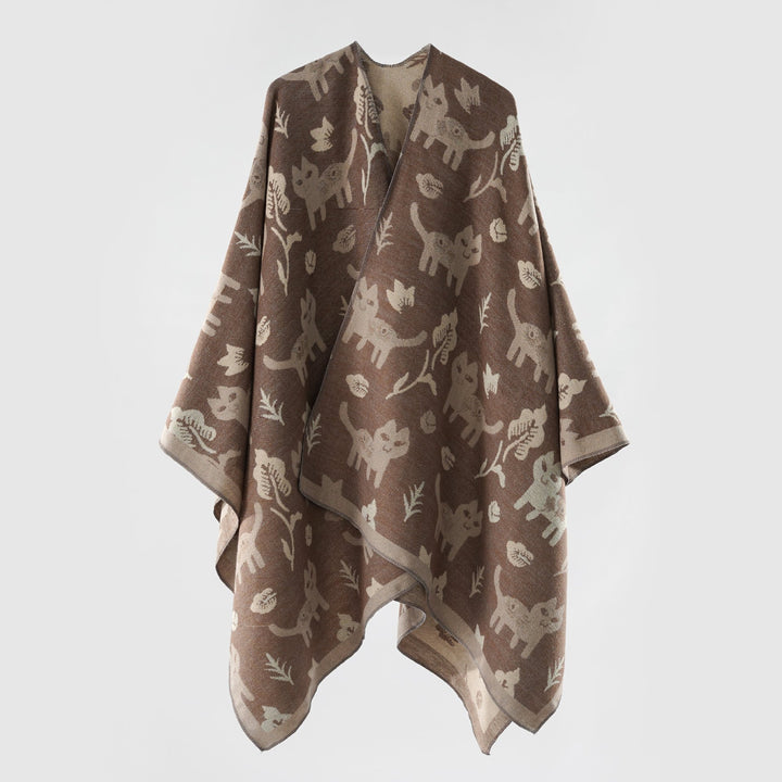 Damen Oversized Ruana im Jacquard mit Katzen- & Blumenmotiv Echo Archiv