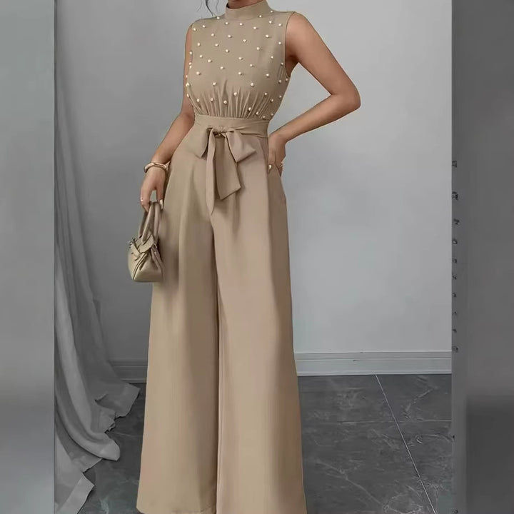 Damen Eleganter Jumpsuit mit Perlenbesatz, Stehkragen und weitem Palazzo-Bein – Solévia