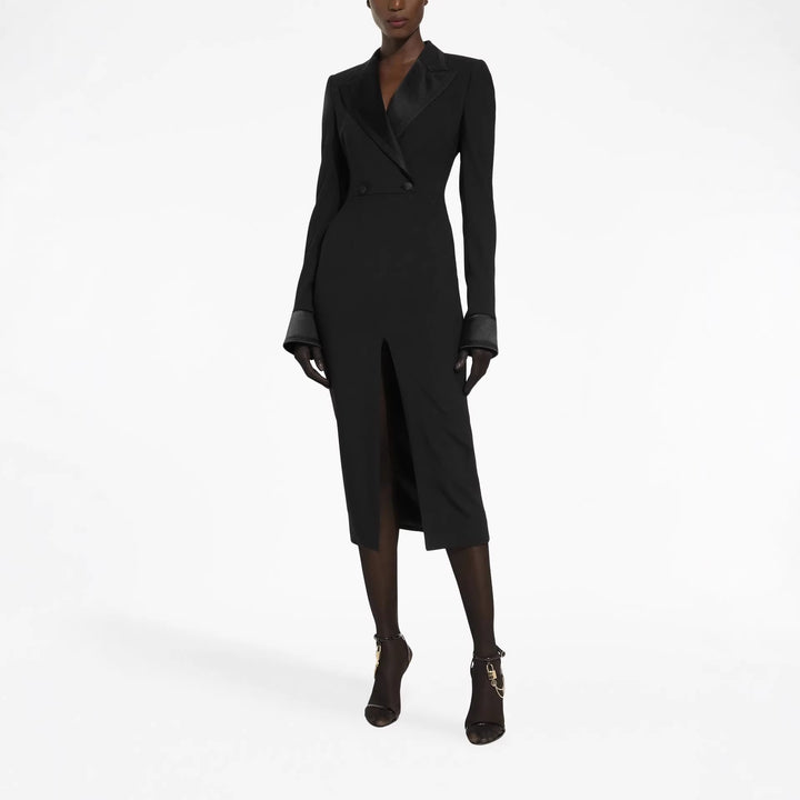 Damen Tailliertes Blazerkleid im Longcut mit Satinrevers und Frontschlitz Echoarchiv