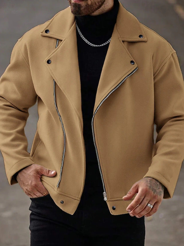 Herren Oversized Bikerjacke aus Wollmix mit asymmetrischem Reißverschluss und Druckknopf-Details – Taviero