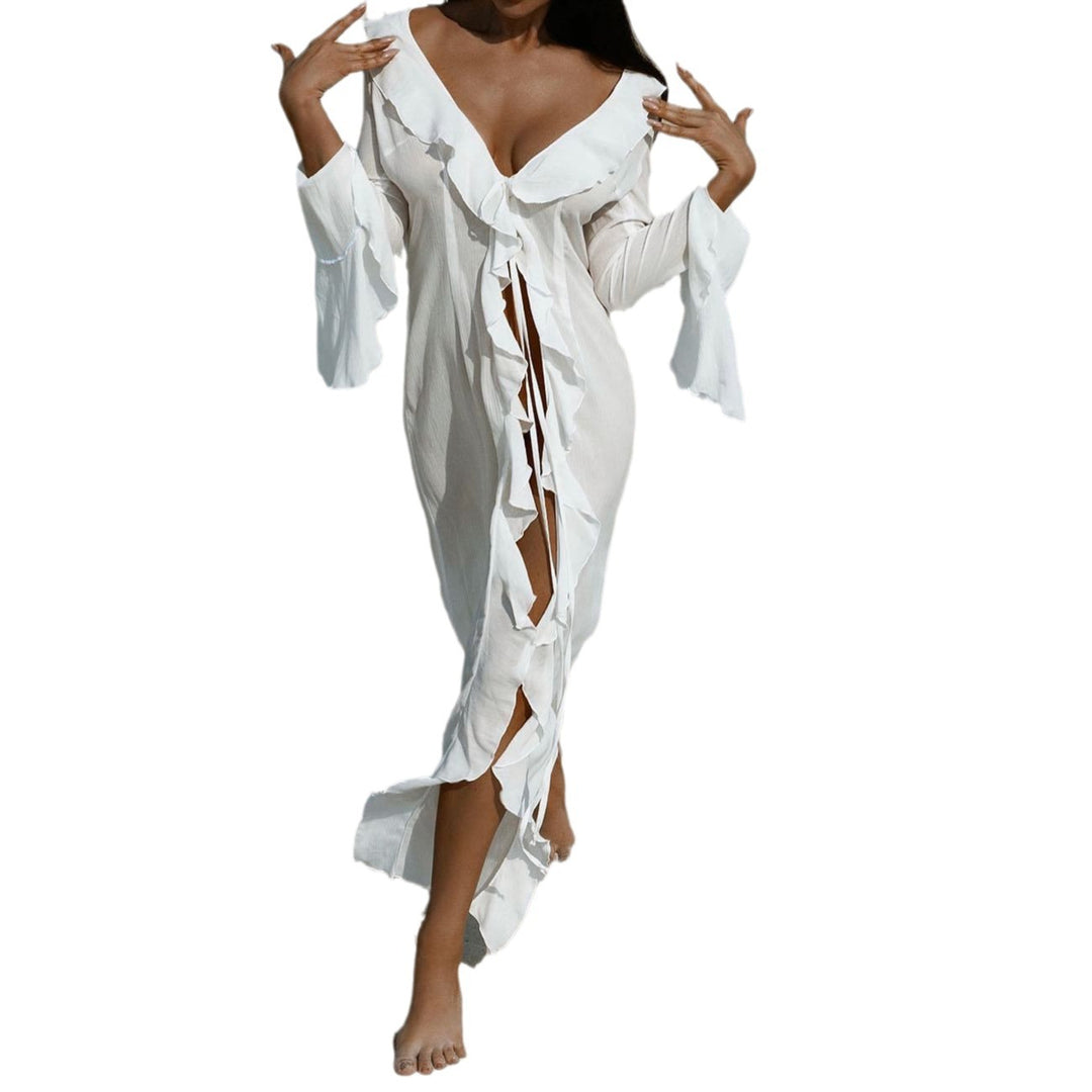 Damen elegantes Strandkleid mit Rüschen und tiefem Schlitz Echo Archiv