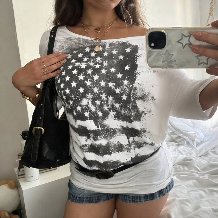 Damen lässiges T-Shirt mit kreativem Sternen-Flaggen-Design Echo Archiv