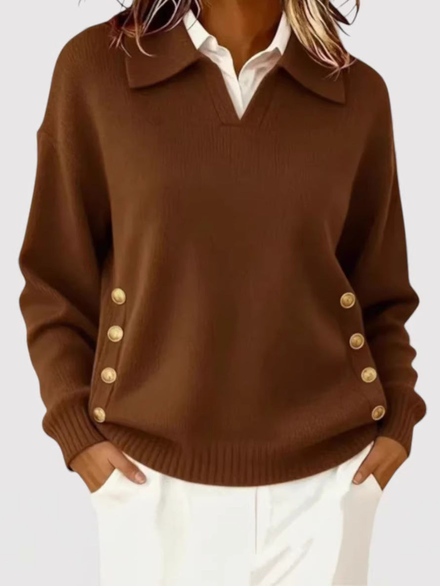 Damen Modischer Strickpullover mit Kragen und Knopfdetails – Mavelle