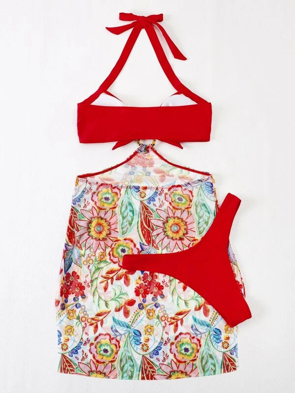 Damen Bikini-Set mit verspieltem Knotendesign und floralem Wickelrock Echo Archiv