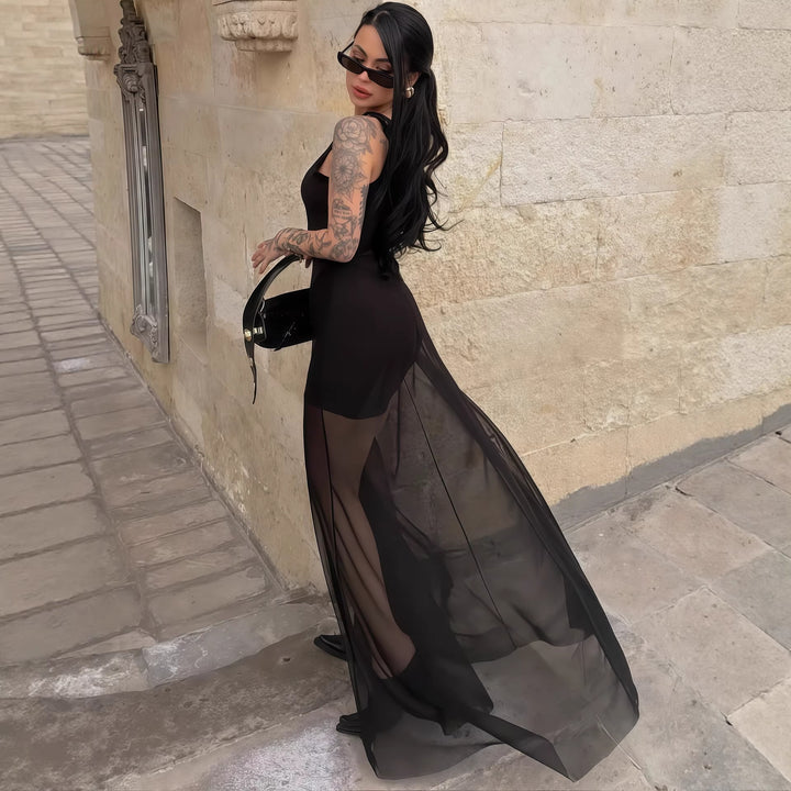 Damen Elegantes Maxi-Kleid mit transparentem Chiffon-Überwurf und figurbetontem Inneren Echo Archiv