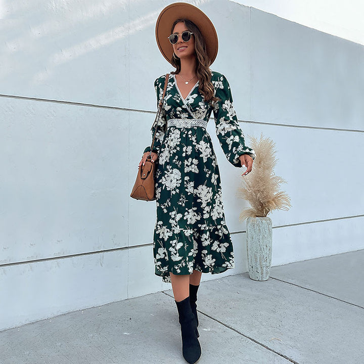 Damen Wickel-Midikleid im Boho-Stil mit Spitzenpasse, Häkel-Taillenband & seitlichem Beinschlitz Echoarchiv