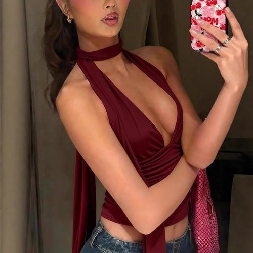 Damen Neckholder-Top mit tiefem Ausschnitt und Raffung Echo Archiv