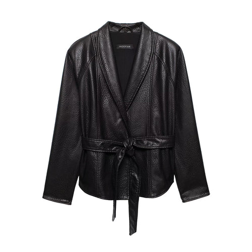 Damen Kurzjacke aus Lederoptik mit Schalkragen und Taillenbindegürtel Echoarchiv