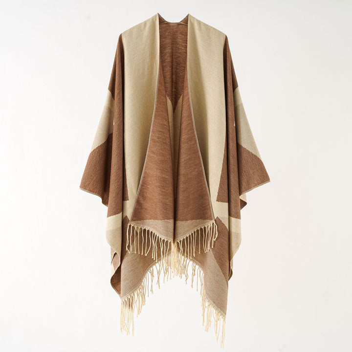 Damen Leichter reversibler Fransen-Umhang aus feiner Wollmischung – Montévia