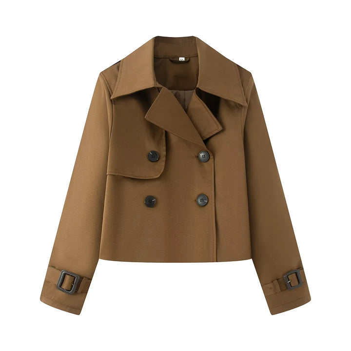 Damen kurz geschnittener Cropped Trenchcoat mit doppelreihiger Knopfleiste und verstellbaren Ärmelriemen – Montévia