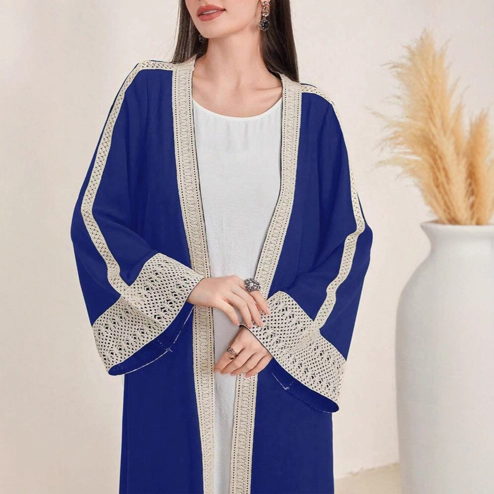 Damen Langes Open‑Front Kaftan‑Mantel mit Häkelspitzenbesatz Echoarchiv