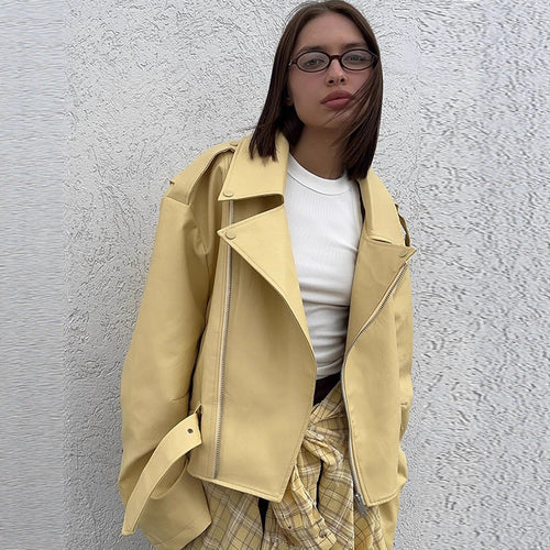 Damen Oversize-Bikerjacke aus veganem Lederimitat mit großem Revers und Taillengürtel Echoarchiv