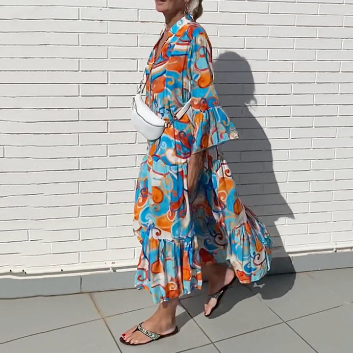 Damen nan luftiges Maxikleid mit Aquarellprint, V‑Ausschnitt, halber Knopfleiste und Stufenrock Echo Archiv