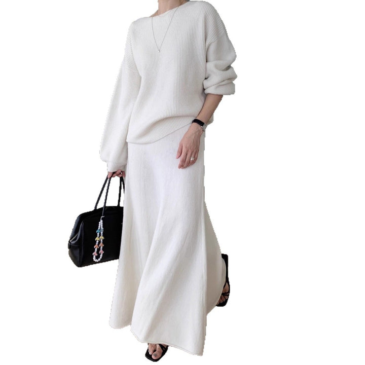Damen Strick-Set aus Oversize-Ripp-Pullover und fließendem Maxirock Echoarchiv