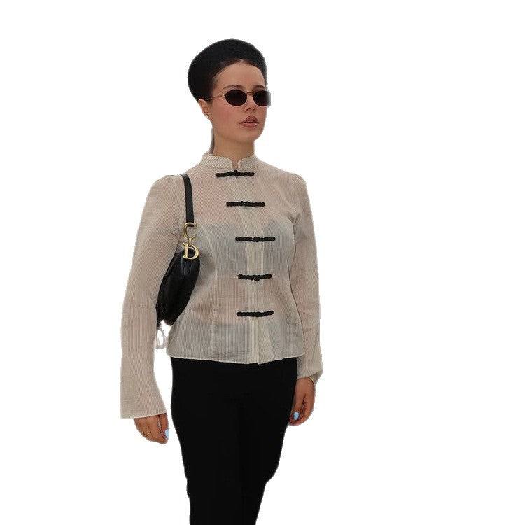 Damen Chinesisch-inspirierte Cordjacke mit Stehkragen, Froschverschlüssen & Taillengürtel Echoarchiv