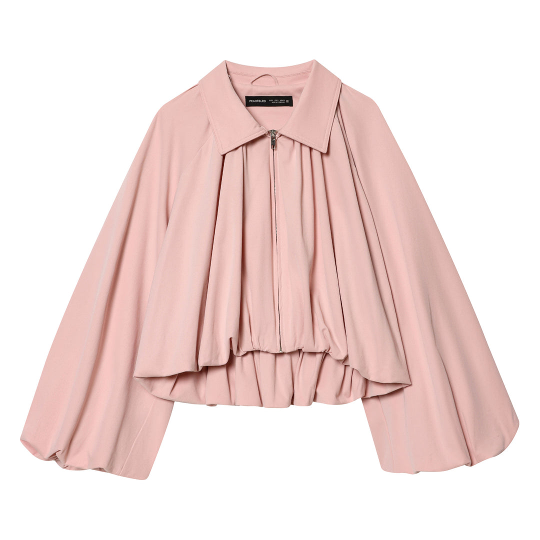 Damen weite Plissee Capejacke mit Umlegekragen Reißverschluss und elastischem Saum – Célinea