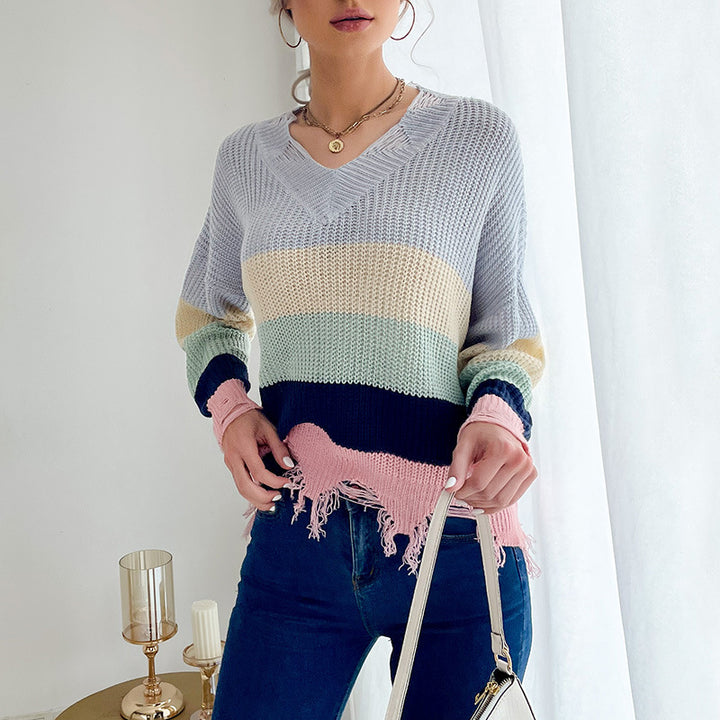 Damen Oversize Strickpullover mit V‑Ausschnitt, Streifenmuster und ausgefranstem Saum Echoarchiv