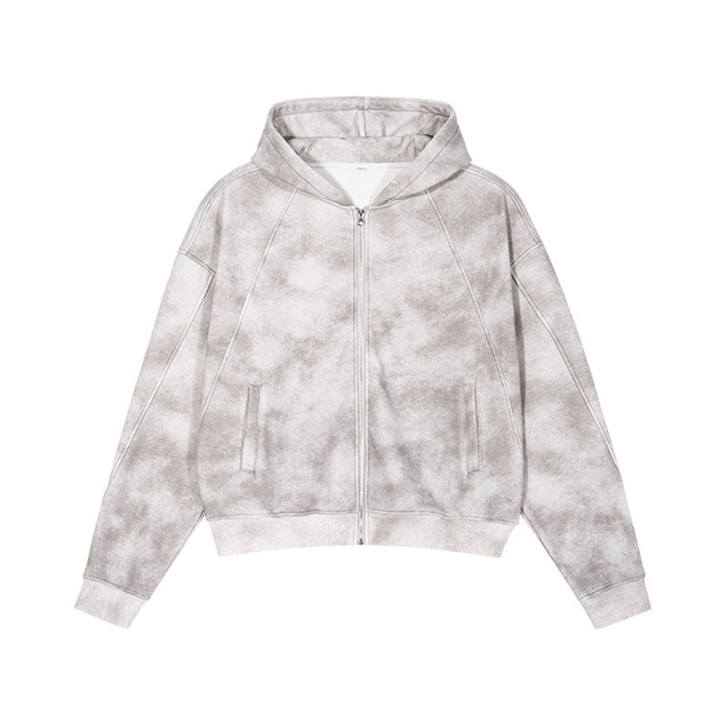 Unisex Kurz geschnittene Reißverschluss-Kapuzenjacke aus French-Terry mit Cloud-Dye-Effekt und Raglannähten Echo Archiv