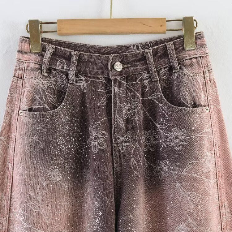 Damen Weite High‑Waist‑Jeans mit floralem Allover‑Print und Used‑Farbverlauf Echoarchiv