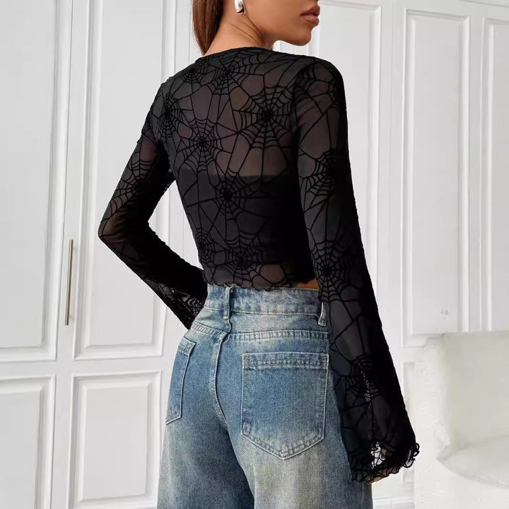 Damen nan transparentes Netztop mit samtigem Spinnennetzprint und bauchfreiem Schnitt Echo Archiv