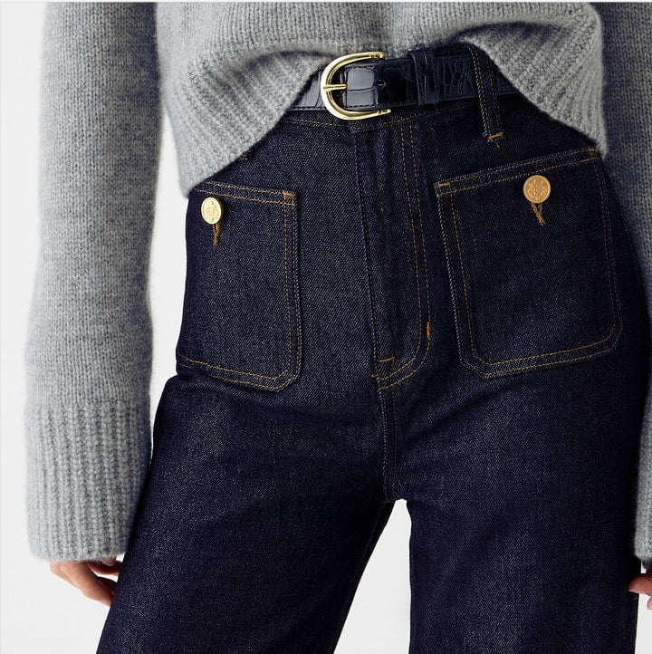 Damen nan High-Waist Wide-Leg-Jeans mit aufgesetzten Fronttaschen und weitem Bein Echo Archiv