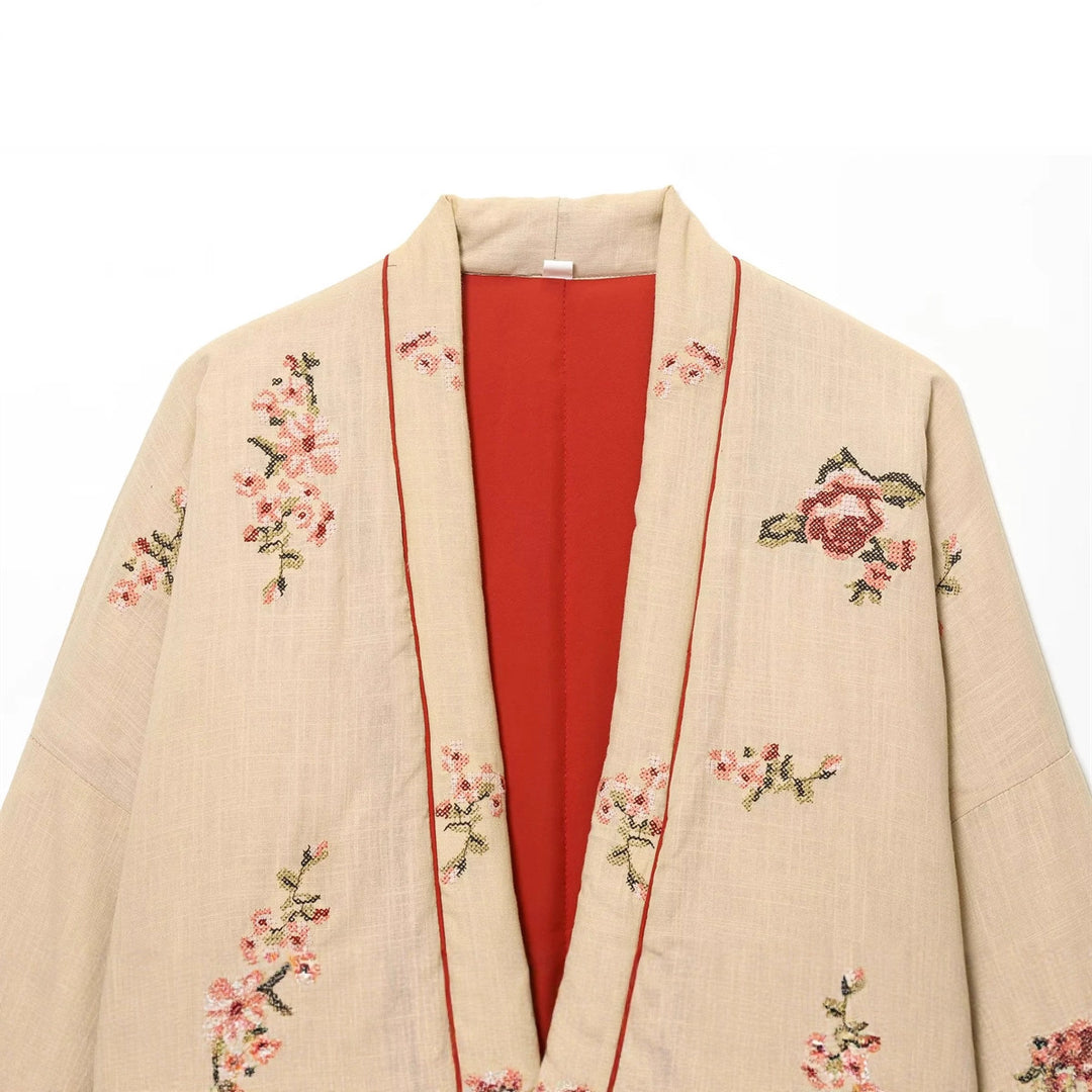Damen bestickte Kimono-Jacke mit floraler Stickerei, Kontrastfutter und Bindegürtel – Célinea