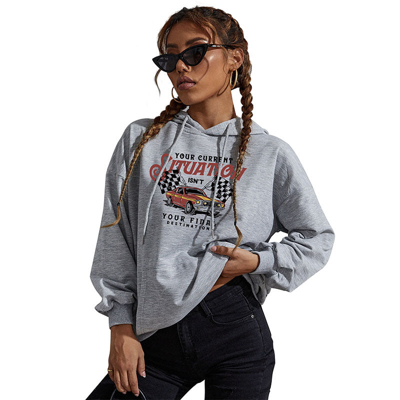 Damen Oversize-Kapuzenpullover mit Vintage-Racer-Print, Kängurutasche und geripptem Saum Echoarchiv