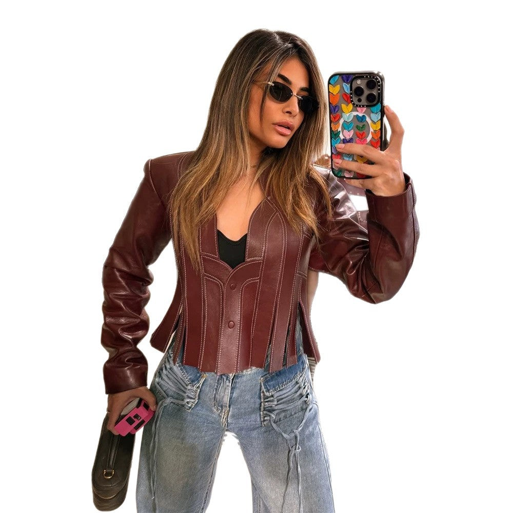 Damen Kurzer taillierter Blazer aus Lederimitat mit Korsett‑Partien Echoarchiv