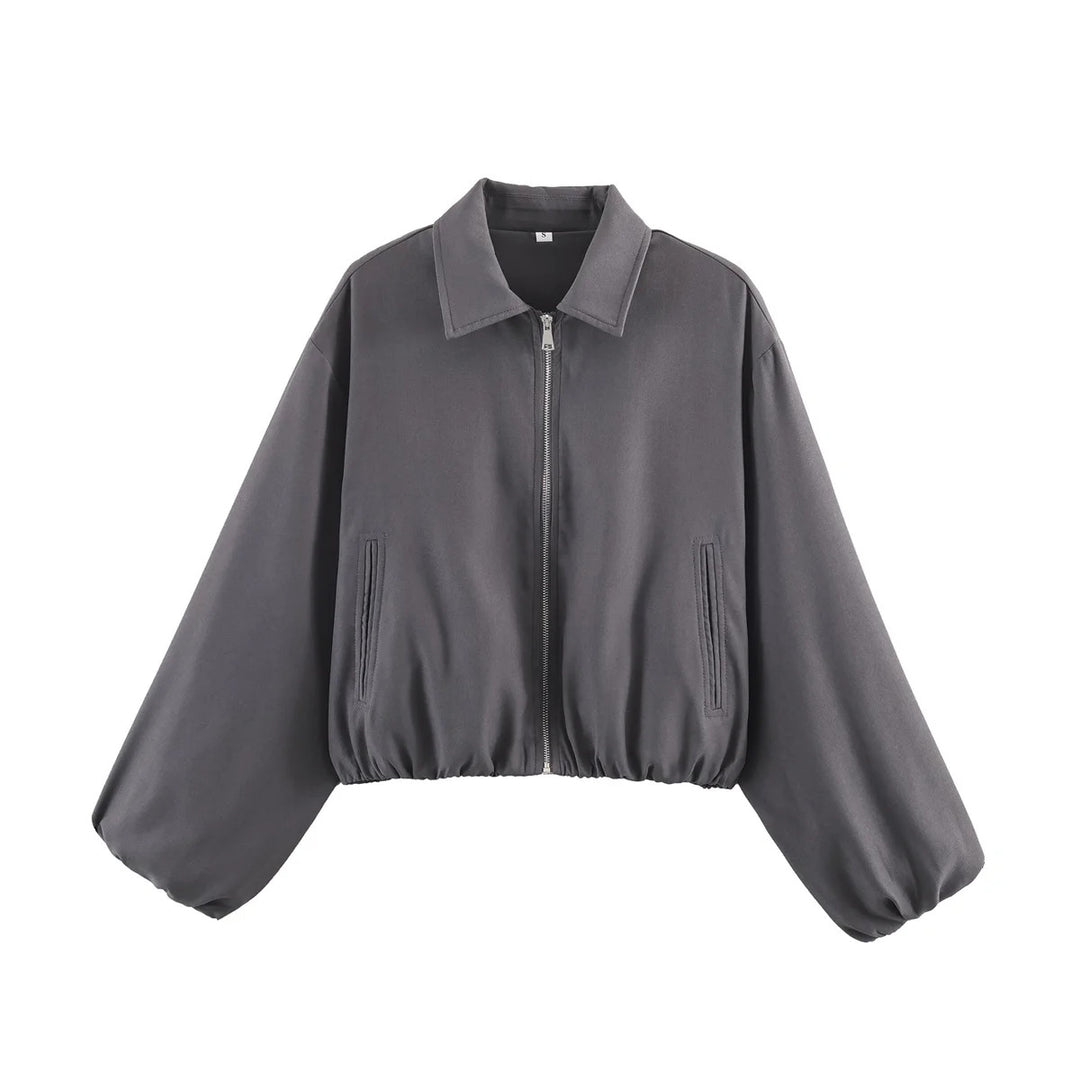 Damen nan Cropped Bomberjacke mit durchgehendem Reißverschluss, weitem Ballonärmeln und elastischem Saum Echo Archiv