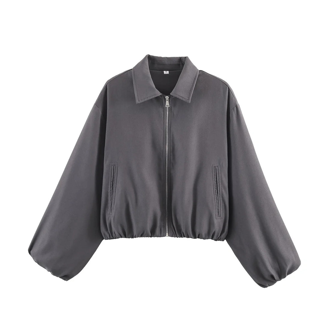 Damen Cropped Bomberjacke mit durchgehendem Reißverschluss, weitem Ballonärmeln und elastischem Saum – Avenza