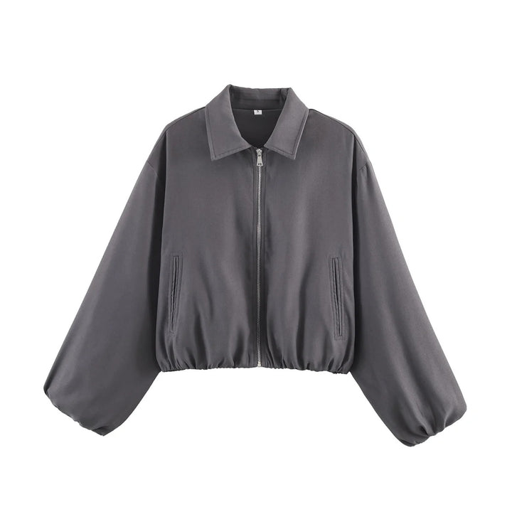Damen nan Cropped Bomberjacke mit durchgehendem Reißverschluss, weitem Ballonärmeln und elastischem Saum Echo Archiv