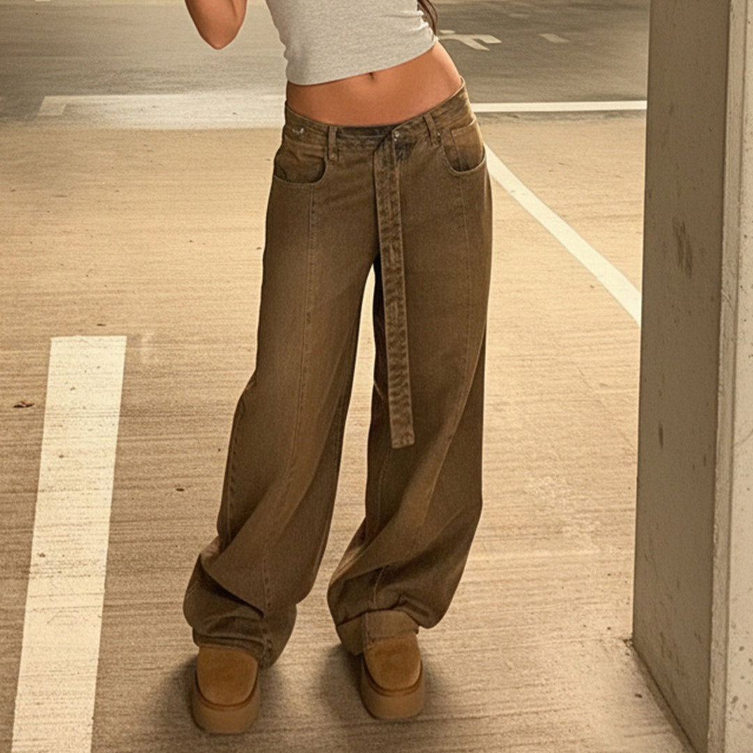 Damen Hochtaillierte weite Denim-Hose mit breitem Bindegürtel Echo Archiv