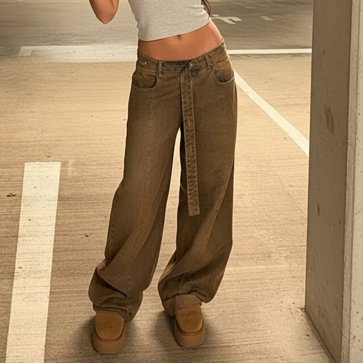 Damen Hochtaillierte weite Denim-Hose mit breitem Bindegürtel Echo Archiv