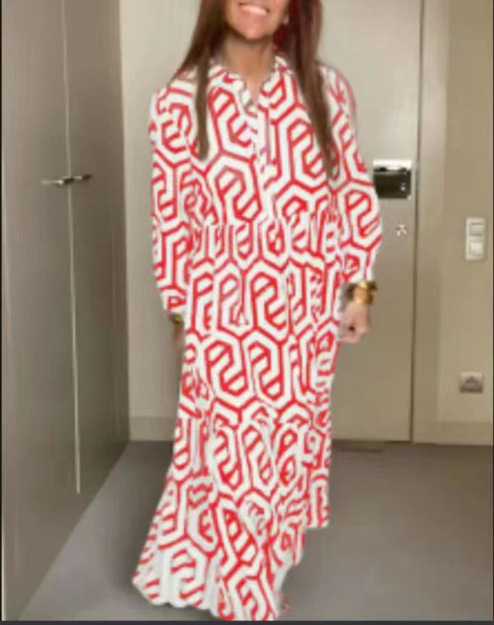 Damen nan langes Hemdkragen-Stufenkleid mit geometrischem Alloverprint und geraffter Taillenpasse Echo Archiv