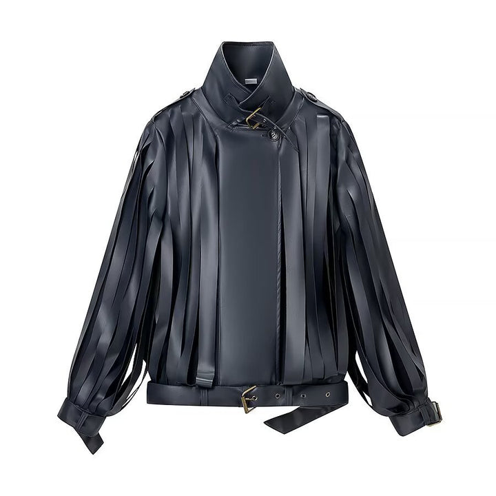 Damen Lederimitat‑Fransenblouson mit Stehkragen und Taillengürtel Echo Archiv