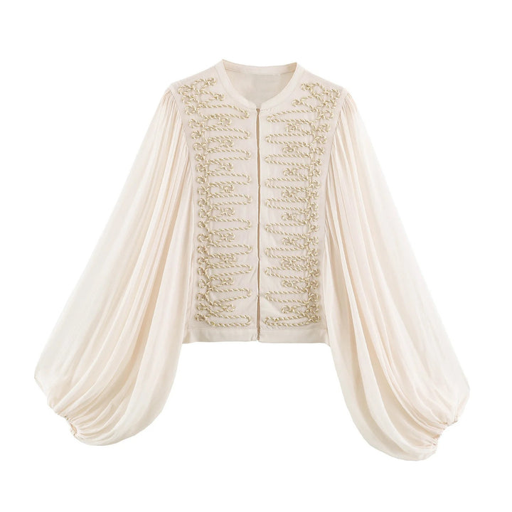 Damen Kurze Bluse‑Jacke mit dekorativer Kordelverzierung und voluminösen Plisseeärmeln Echo Archiv
