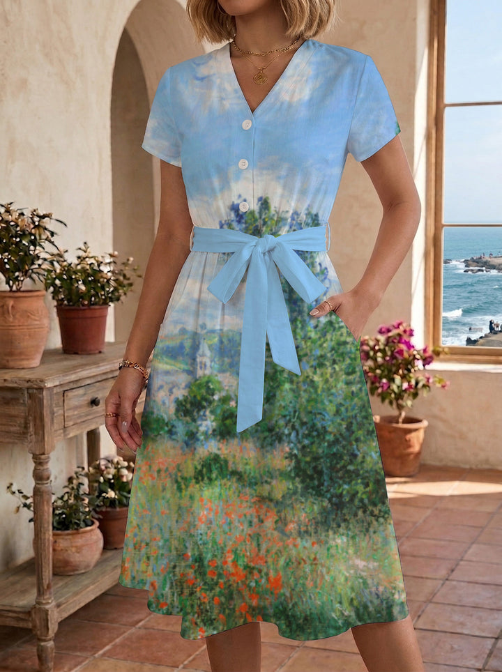Damen Blühendes Midikleid mit taillierbarem Gürtel und kunstvollem Print Echo Archiv