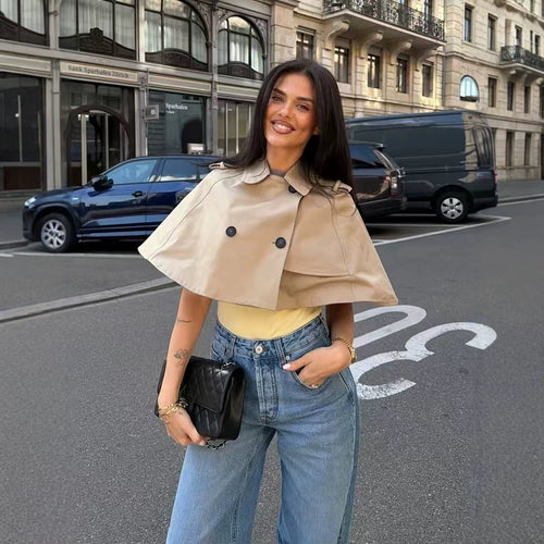 Damen Cropped Cape-Trench mit doppelreihiger Knopfleiste und Schulterklappen Echoarchiv