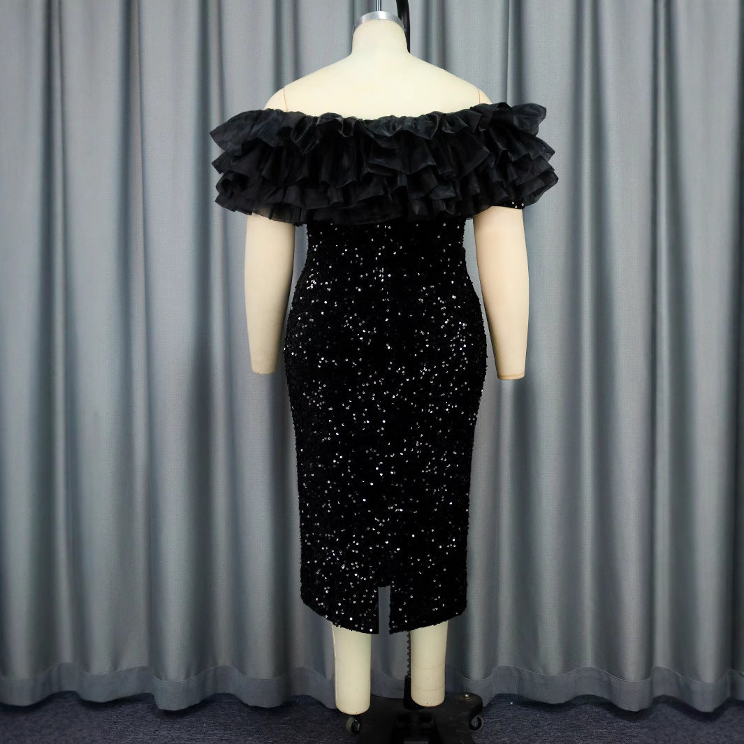 Damen glamouröses Abendkleid mit voluminösen Rüschen und Pailletten Echo Archiv