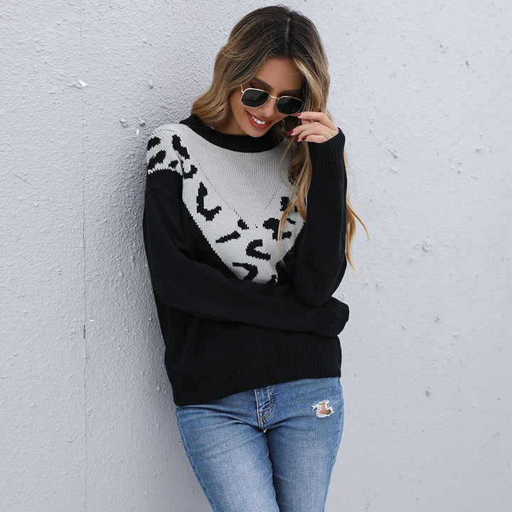 Damen Feinstrickpullover mit kontrastiver Leo‑Jacquard‑Passe und legerer Silhouette Echoarchiv
