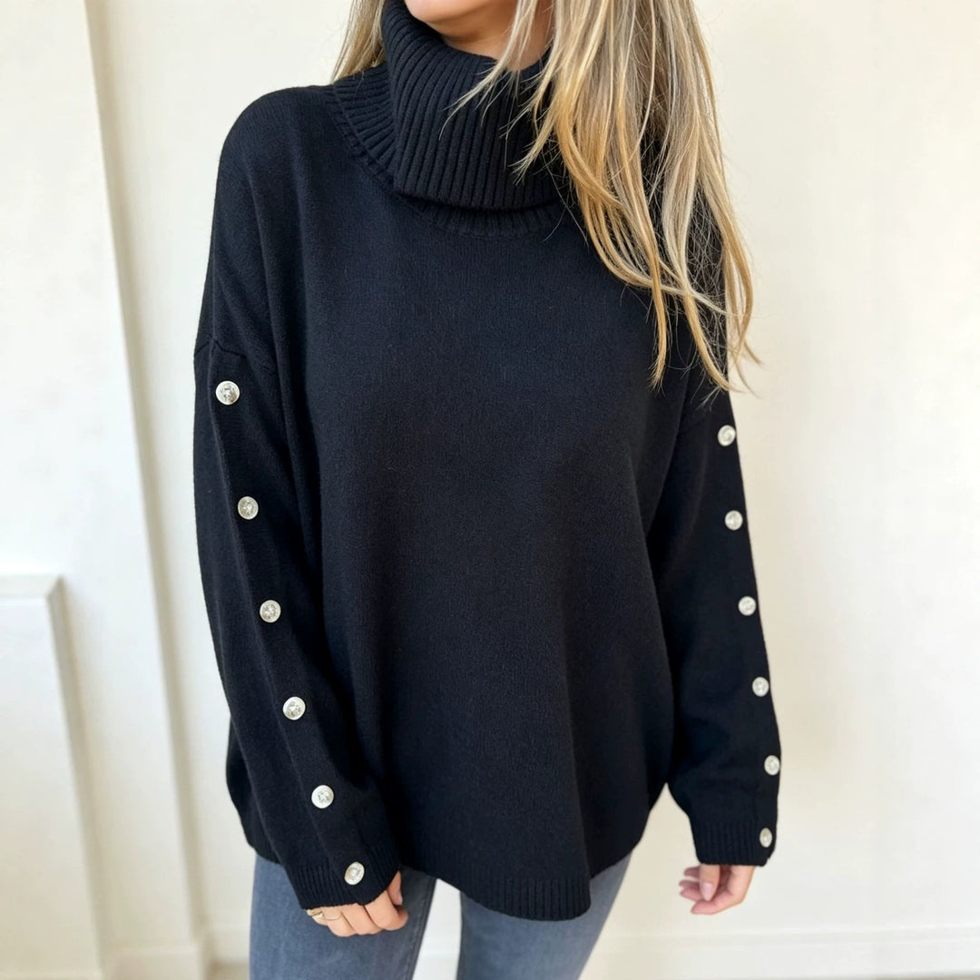 Damen Oversized Rollkragenpullover mit Ärmel-Knopfleiste – Mavelle