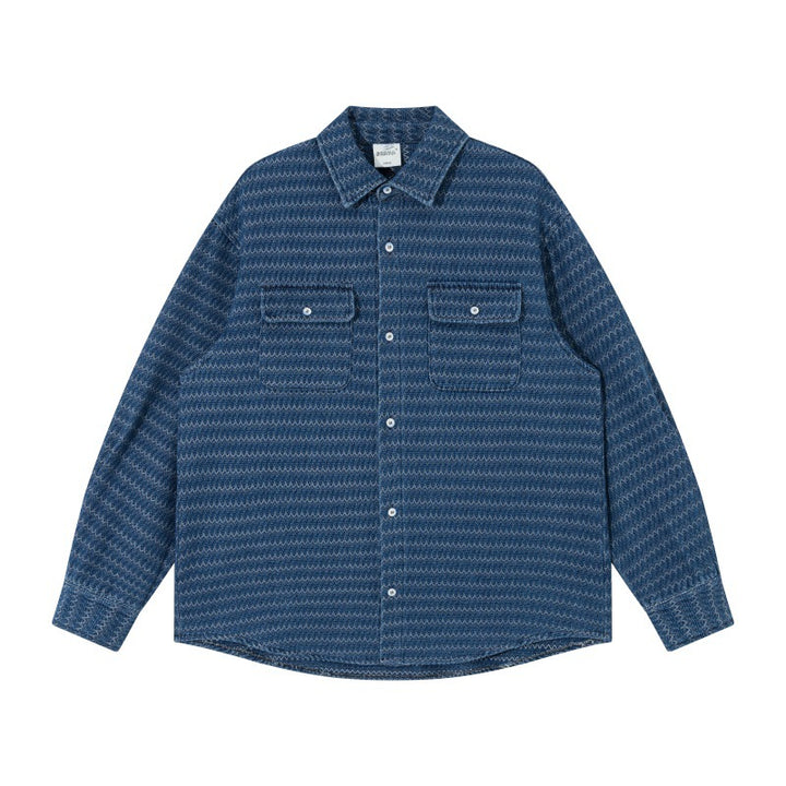 Unisex Strukturierte Baumwoll-Overshirtjacke mit Zickzack-Jacquard und aufgesetzten Brusttaschen Echoarchiv