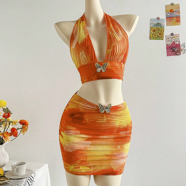 Damen Zweiteiliges Kleidungsset mit U-Ausschnitt und dekorativen Schmetterlingsdetails Echo Archiv