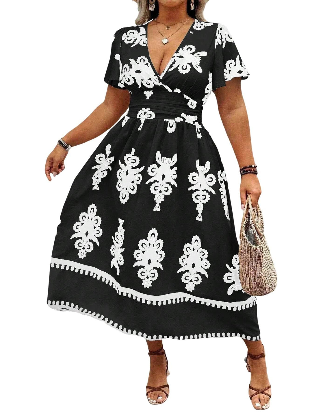 Damen Wickel-Midikleid mit taillierter Drapierung und dekorativem Bordürenprint Echo Archiv