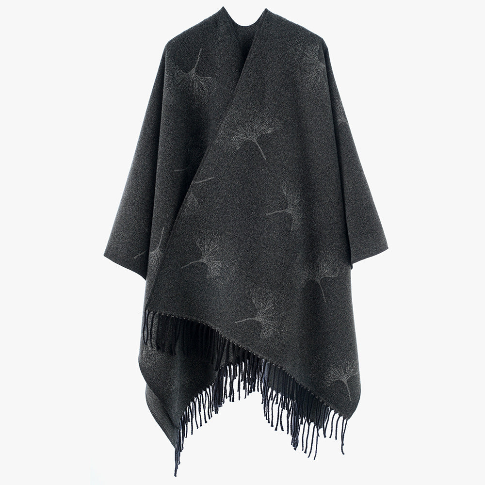 Damen Wollmix-Poncho Überwurf mit Pusteblumen-Jacquard und Fransensaum – Avérine