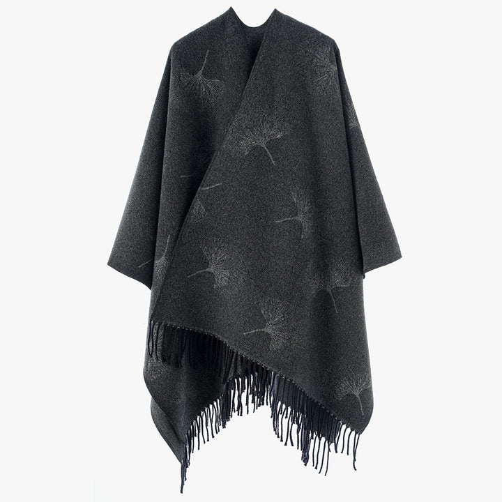 Damen Wollmix-Poncho Überwurf mit Pusteblumen-Jacquard und Fransensaum – Avérine