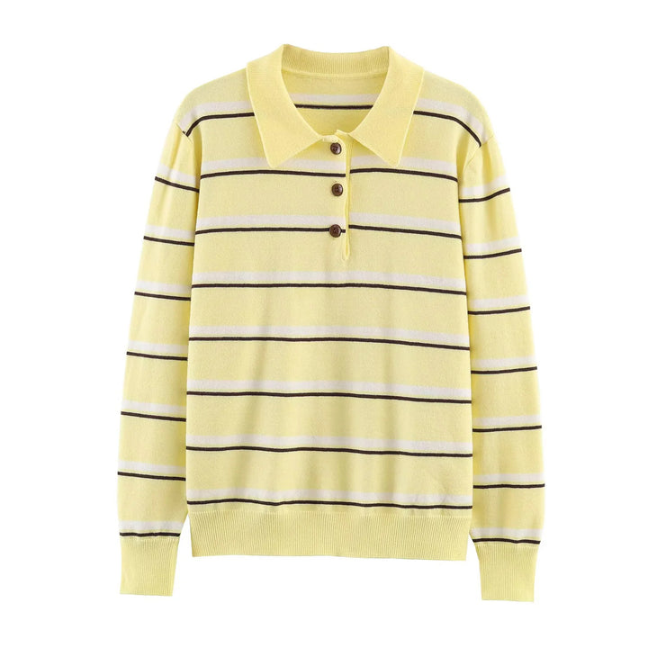 Damen gestreifter Poloshirt-Pullover mit Troyerkragen und dezenter Knopfleiste – Mavelle