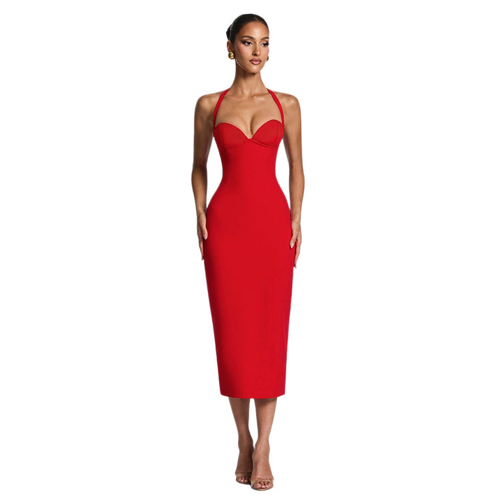 Damen Figurbetontes Midi-Kleid mit Herzausschnitt und verstellbaren Trägern Echo Archiv