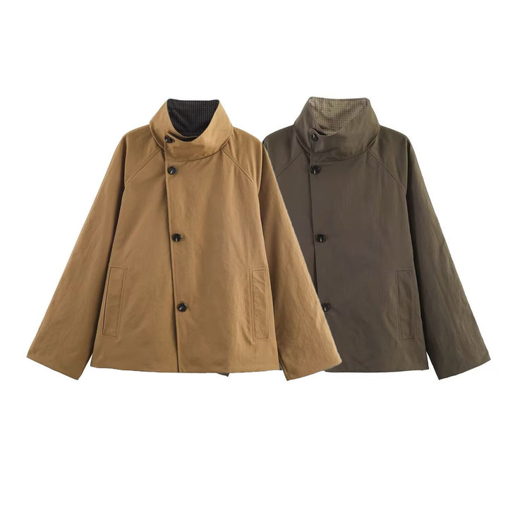 Damen Oversize-Kurzmantel mit hohem Stehkragen, Raglanärmeln und verdeckter Knopfleiste Echo Archiv