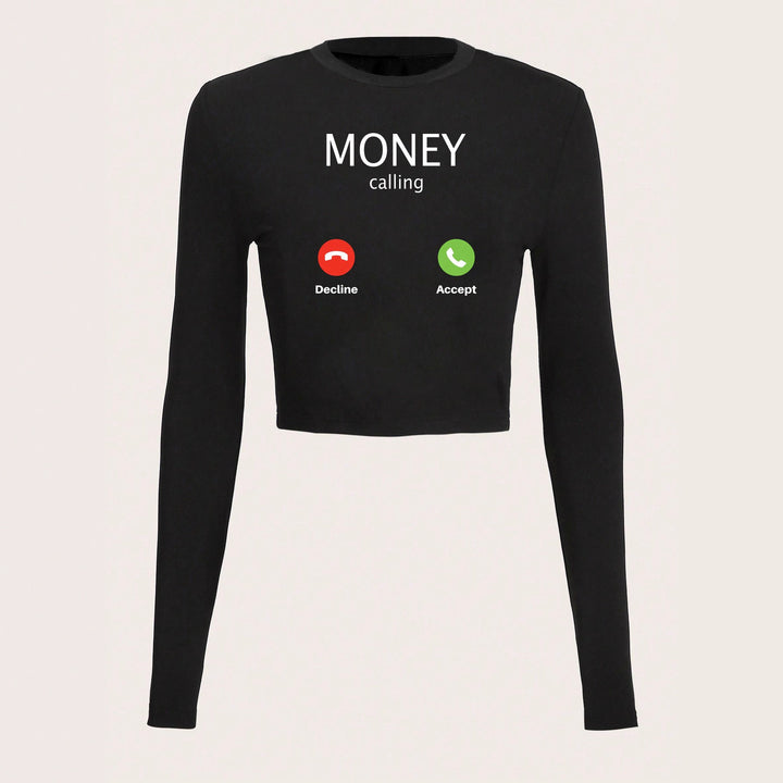 Damen nan kurzes Cropped-Longsleeve mit auffälligem Statement-Print und Call-Icon-Design Echo Archiv